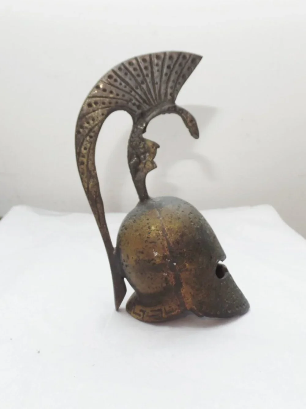 Vintage 5”  Greek Bronze Helmet w/ Patina Spartan Desk Bell
